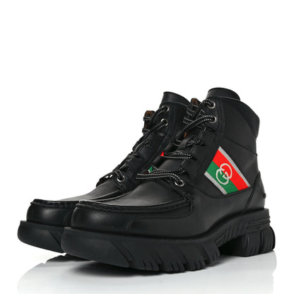 Gucci Quebec Calfskin Web Mens Interlocking G Lace Up Combat Boots 8.5 Black Mystic White Green Red 3 of 9
