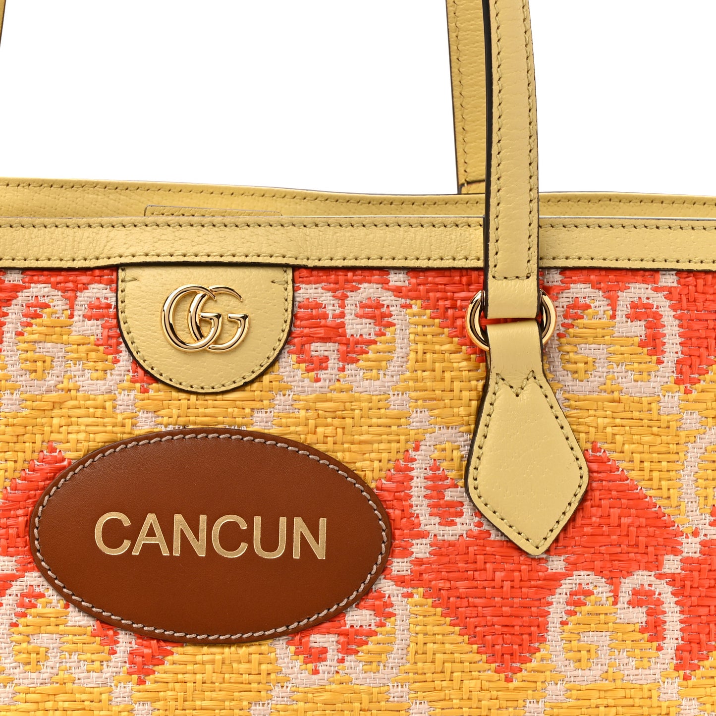 Straw Textured Dollar Calfskin Cancun Medium Ophidia Shopping Tote Orange Yellow