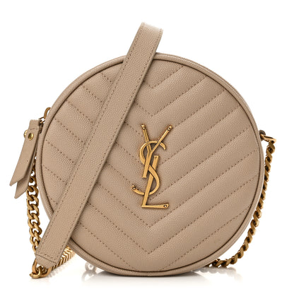 Saint Laurent Grain De Poudre Matelasse Chevron Quilted Round Vinyle Camera Bag Dark Beige 1 of 11