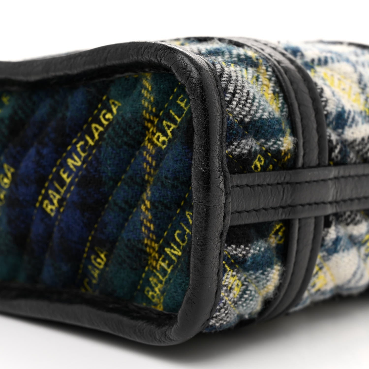 Balenciaga Wool Cuir Arena Plaid Diagonal Allover Logo Matelasse XXS Bazar Shopper Tote Green Blue Yellow 9 of 16