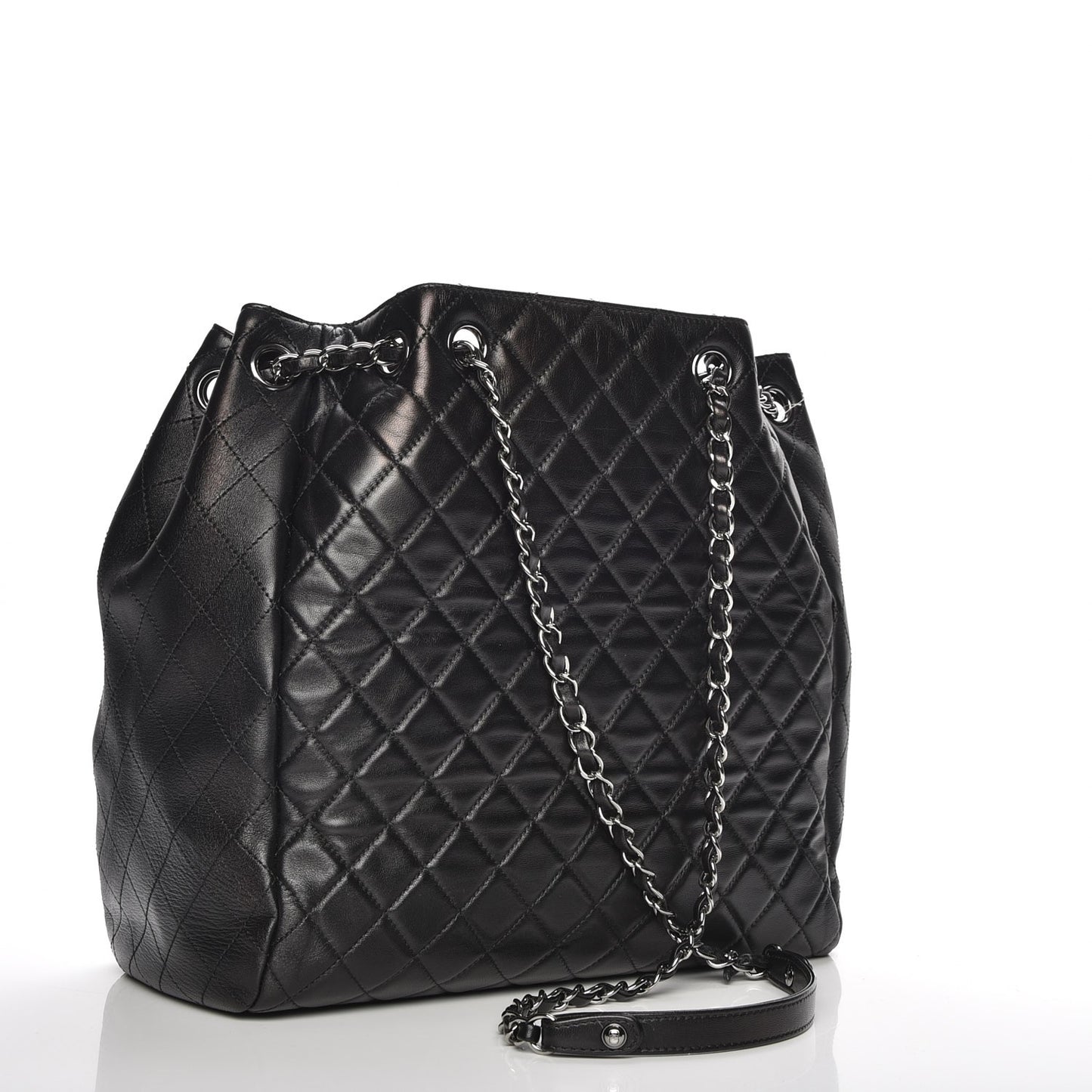 Lambskin Quilted Large Drawstring Bag Black