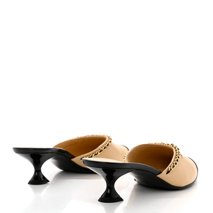 Chanel Lambskin Patent Cap Toe Chain Mule 38.5 Beige Black 4 of 9