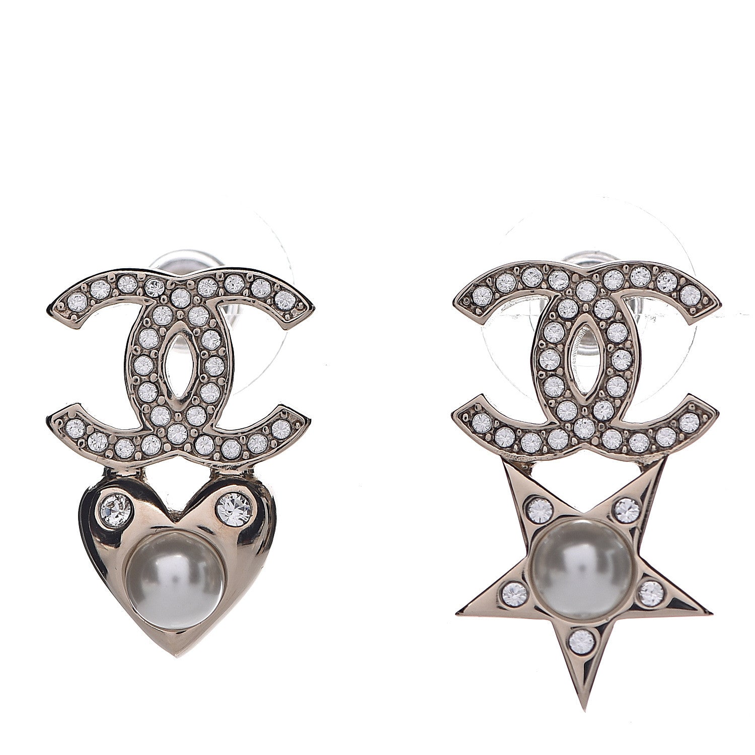 Chanel Crystal Pearl Charming Winter CC Star Heart Earrings Gold 1 of 4