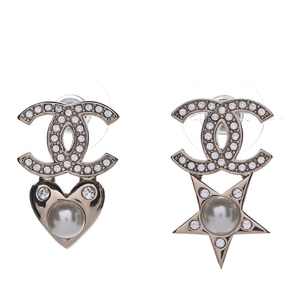Chanel Crystal Pearl Charming Winter CC Star Heart Earrings Gold 1 of 4