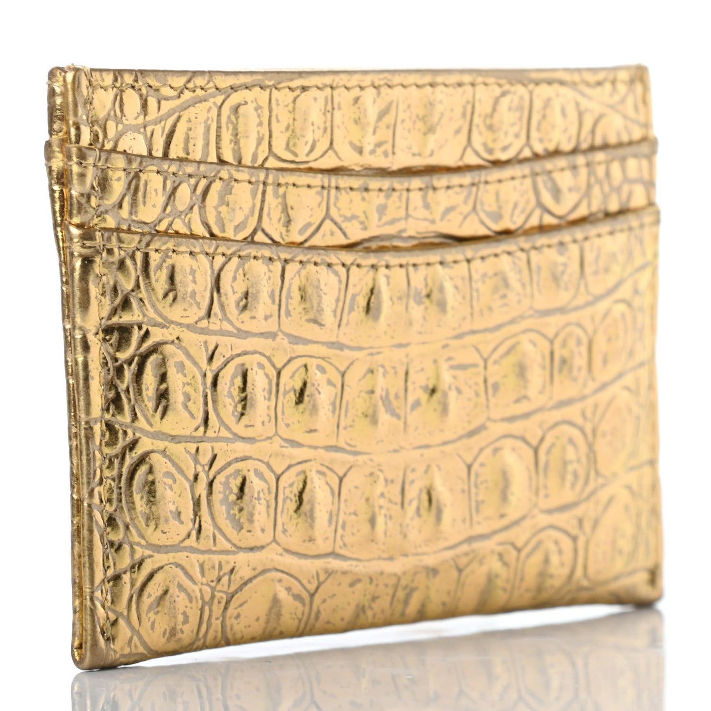 Metallic Calfskin Crocodile Embossed Cocodile Card Holder Gold