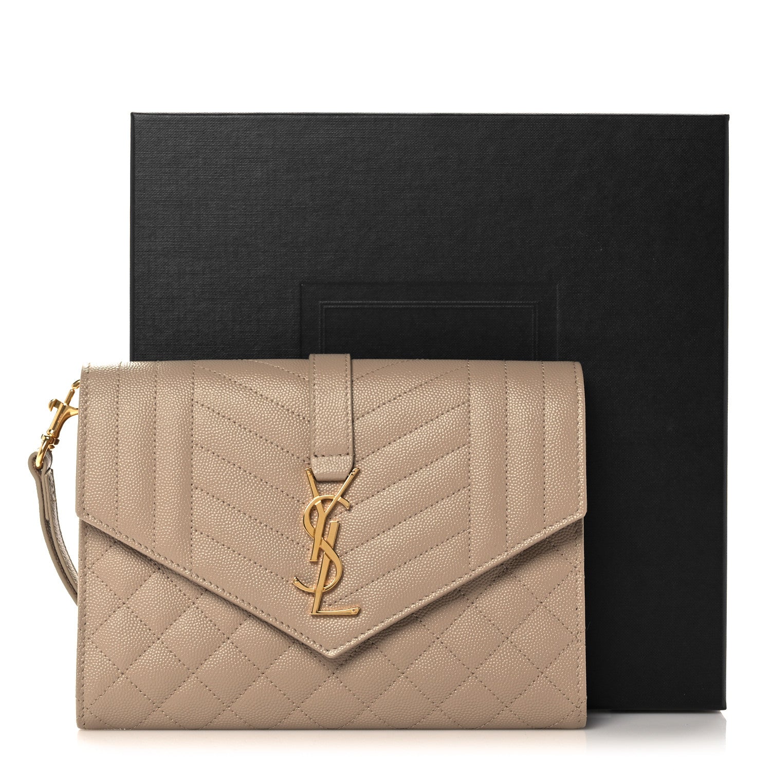 Saint Laurent Grain De Poudre Textured Mixed Matelasse Triquilt Monogram Clutch Dark Beige 10 of 10