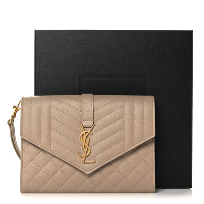 Saint Laurent Grain De Poudre Textured Mixed Matelasse Triquilt Monogram Clutch Dark Beige 10 of 10