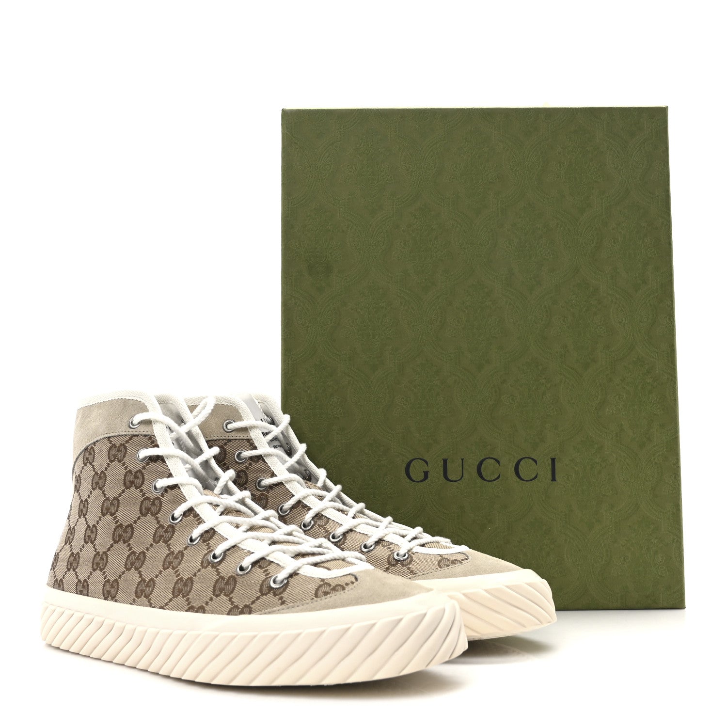Gucci Monogram Suede Mens Tortuga High Top Sneakers 10.5 Beige Ebony Oatmeal Mystic White 9 of 9