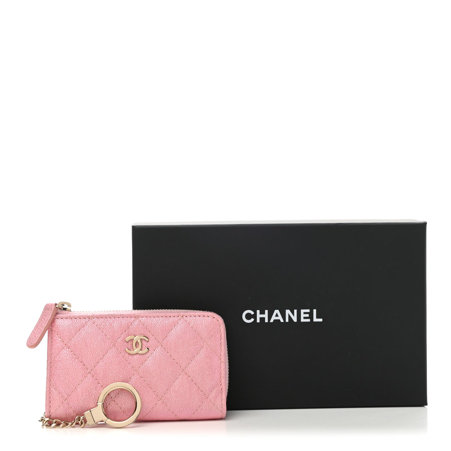 Iridescent Caviar Quilted Zipped Key Holder Case Rose Pink