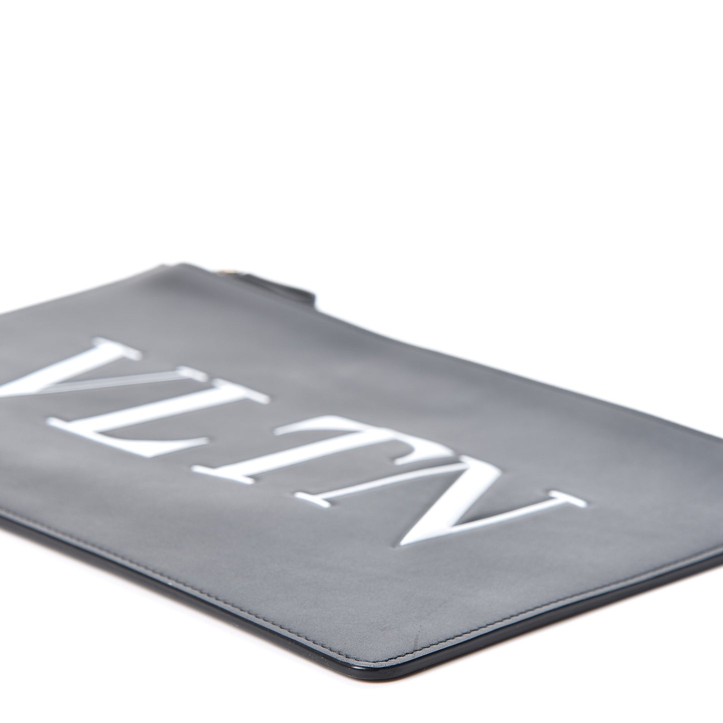 Calfskin VLTN Large Flat Zip Pouch Black