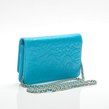 Chanel Lambskin Camellia Embossed Wallet On Chain WOC Turquoise 3 of 8