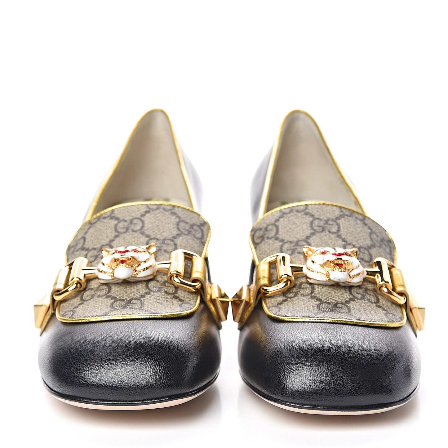 Malaga Kid Nappa GG Supreme Monogram Tiger Head Mid Heel Loafer Pumps 39.5 Black Oro Vecchio Beige