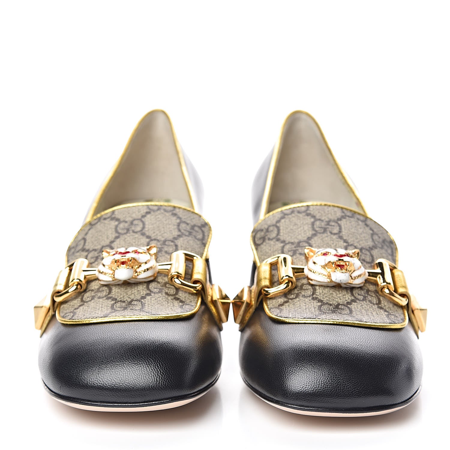 Gucci Malaga Kid Nappa GG Supreme Monogram Tiger Head Mid Heel Loafer Pumps 39.5 Black Oro Vecchio Beige 2 of 10