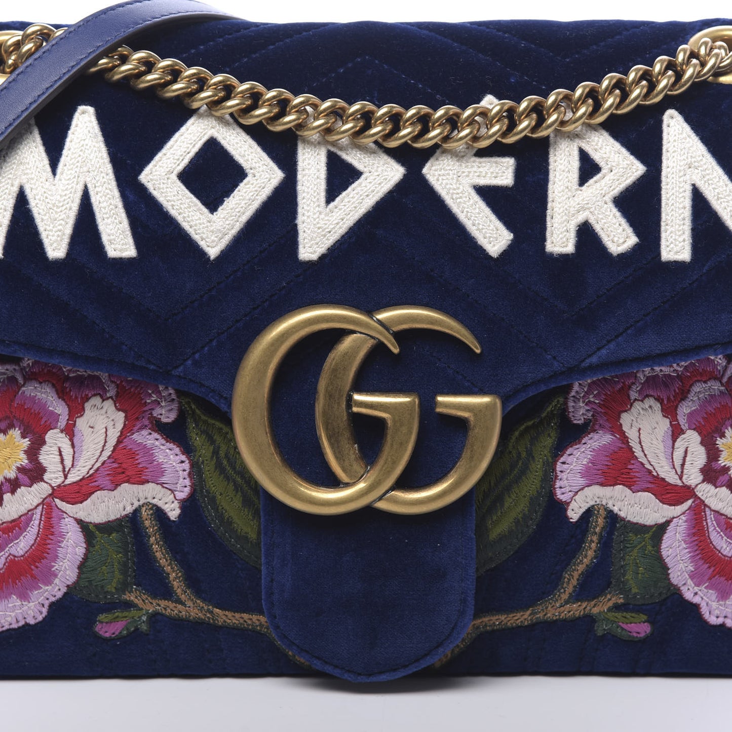 Velvet Matelasse Modern Embroidered Medium GG Marmont Shoulder Bag Cobalt