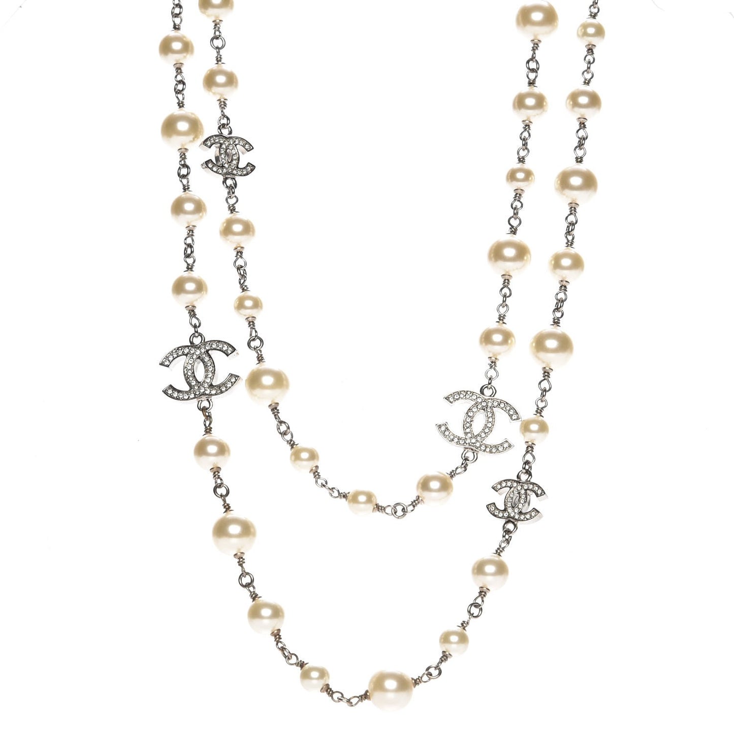 Crystal Pearl CC Long Necklace Silver