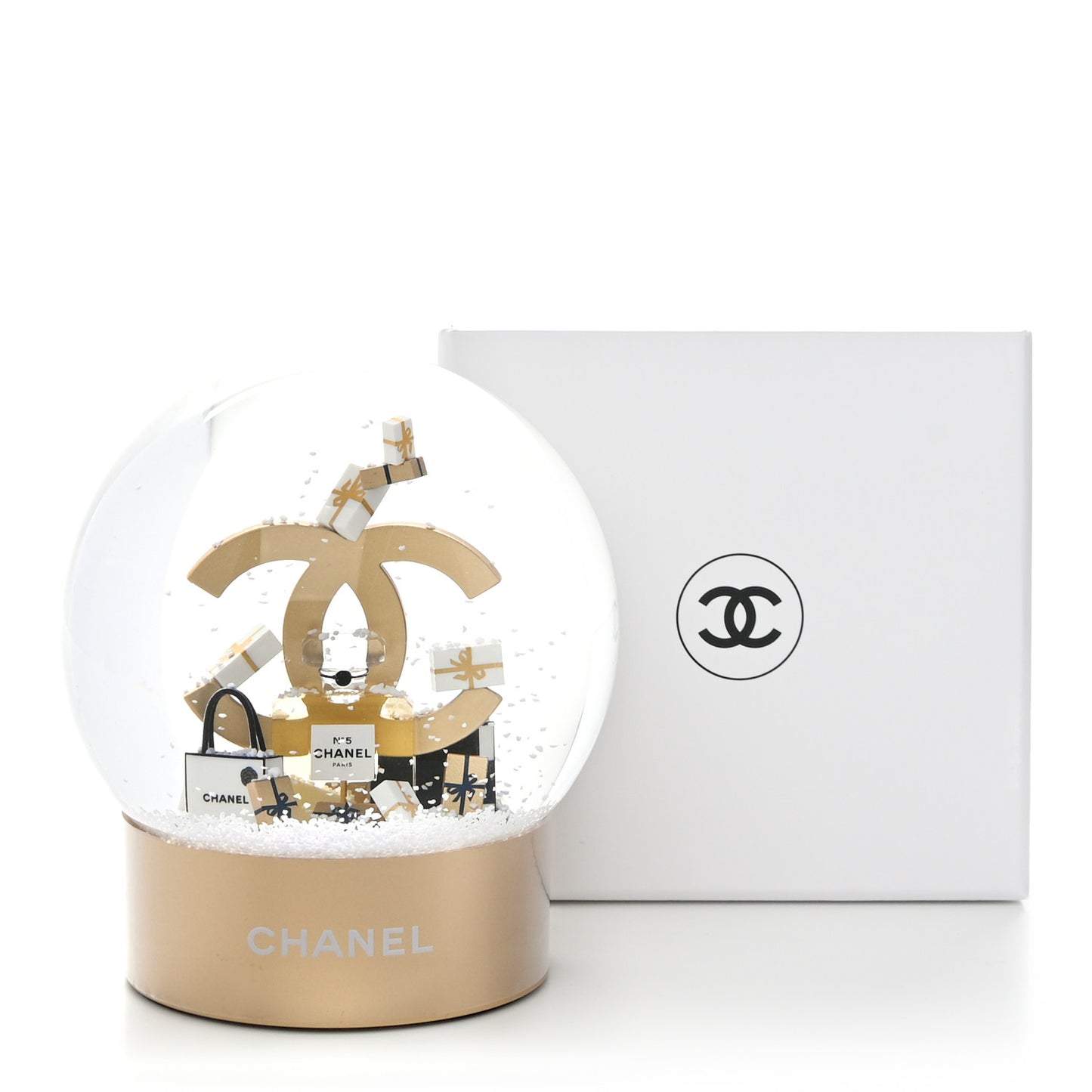 Glass CC Shopping Bag Snow Globe Gold
