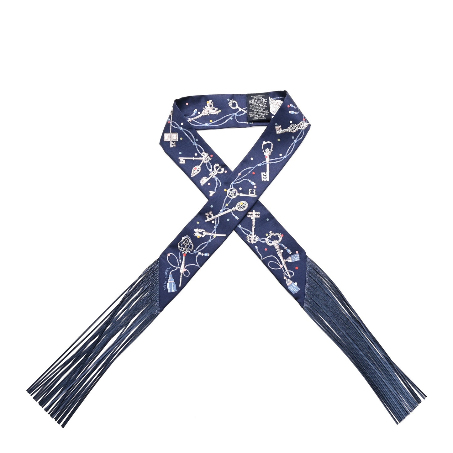 Silk Metallic Agneau Les Cles A Pois Fringed Twilly Bleu Marine Gris Argent Multicolor