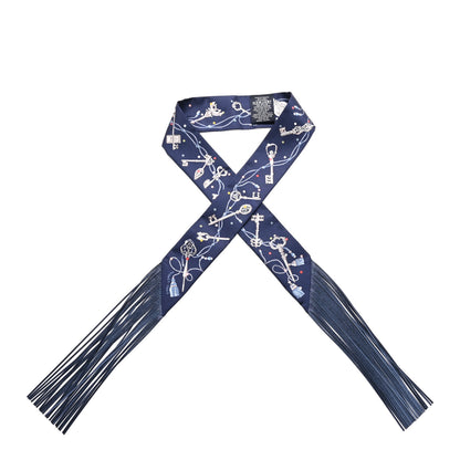 Hermes Silk Metallic Agneau Les Cles A Pois Fringed Twilly Bleu Marine Gris Argent Multicolor 1 of 4