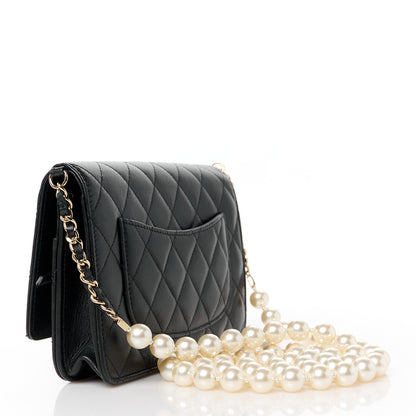 Chanel Lambskin Quilted Pearl Wallet On Chain WOC Black 3 of 12