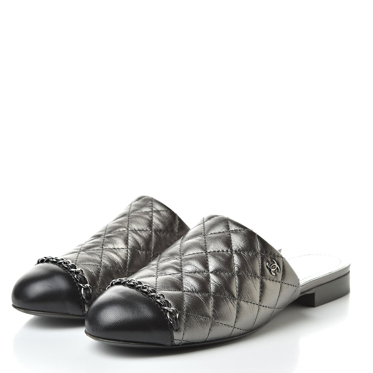 Iridescent Lambskin Quilted CC Chain Mules 36 Silver Black