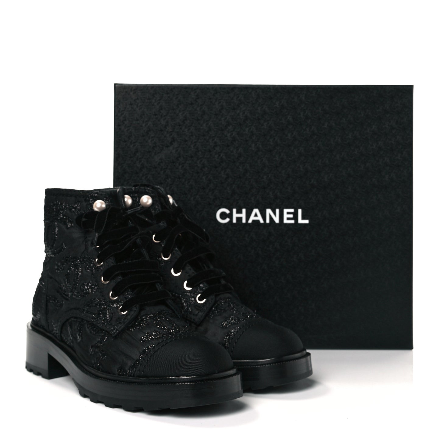 Grosgrain Pearl CC Combat Short Boots 38.5 Black