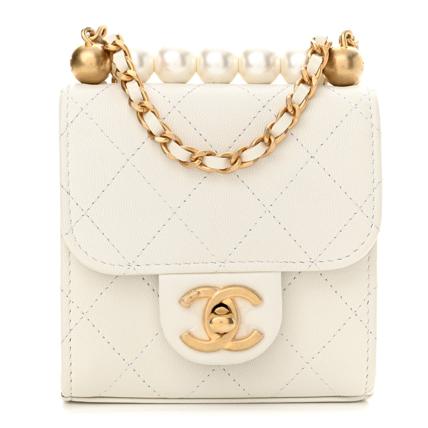 Goatskin Chic Pearls Clutch On Chain White