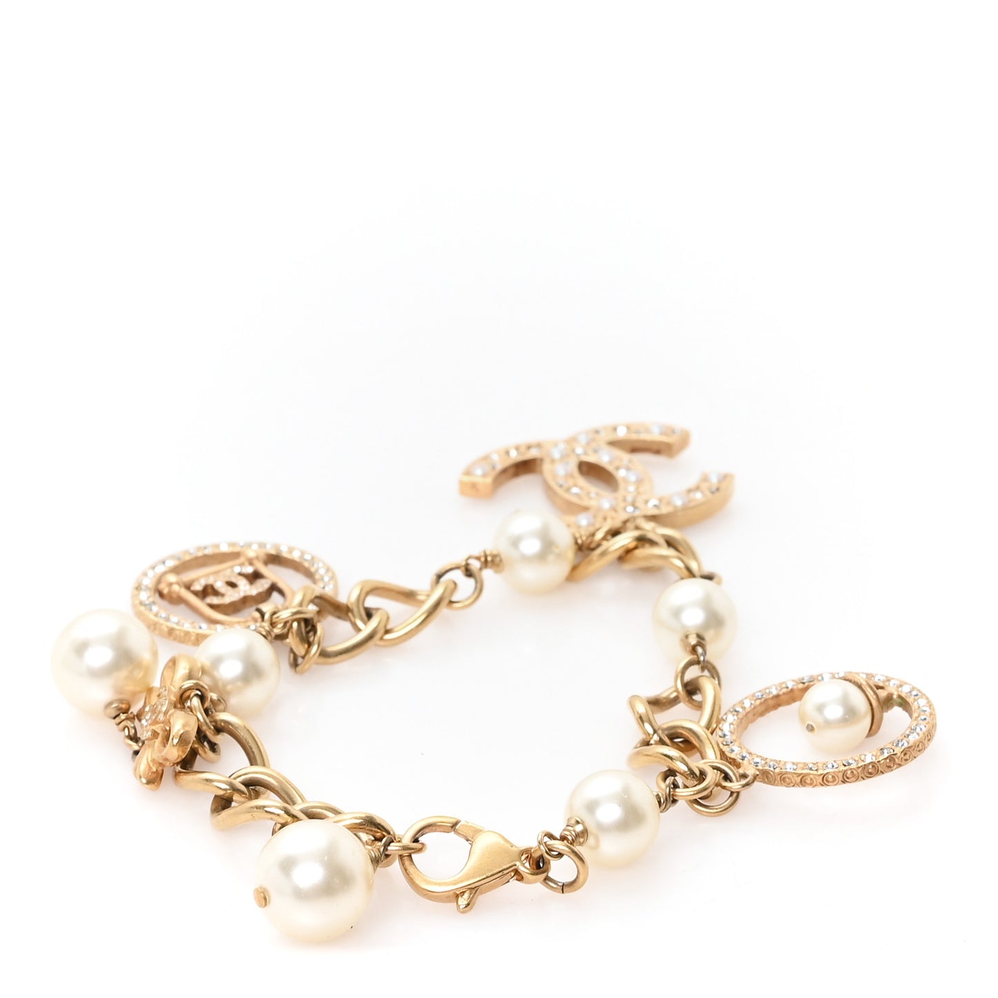 Crystal Pearl CC Charm Bracelet Gold