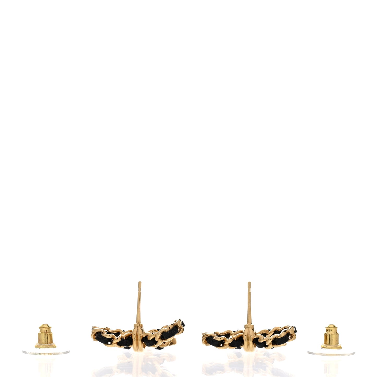 Lambskin Chain Bow Stud Earrings Black Gold