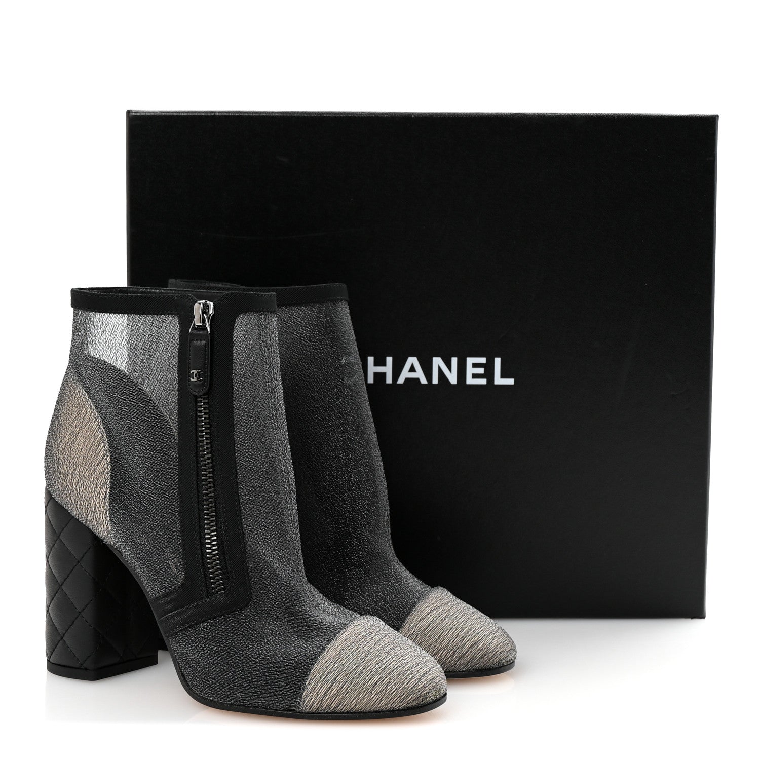 Chanel Mesh Grosgrain Cap Toe Short Boots 38 Grey Black 10 of 10