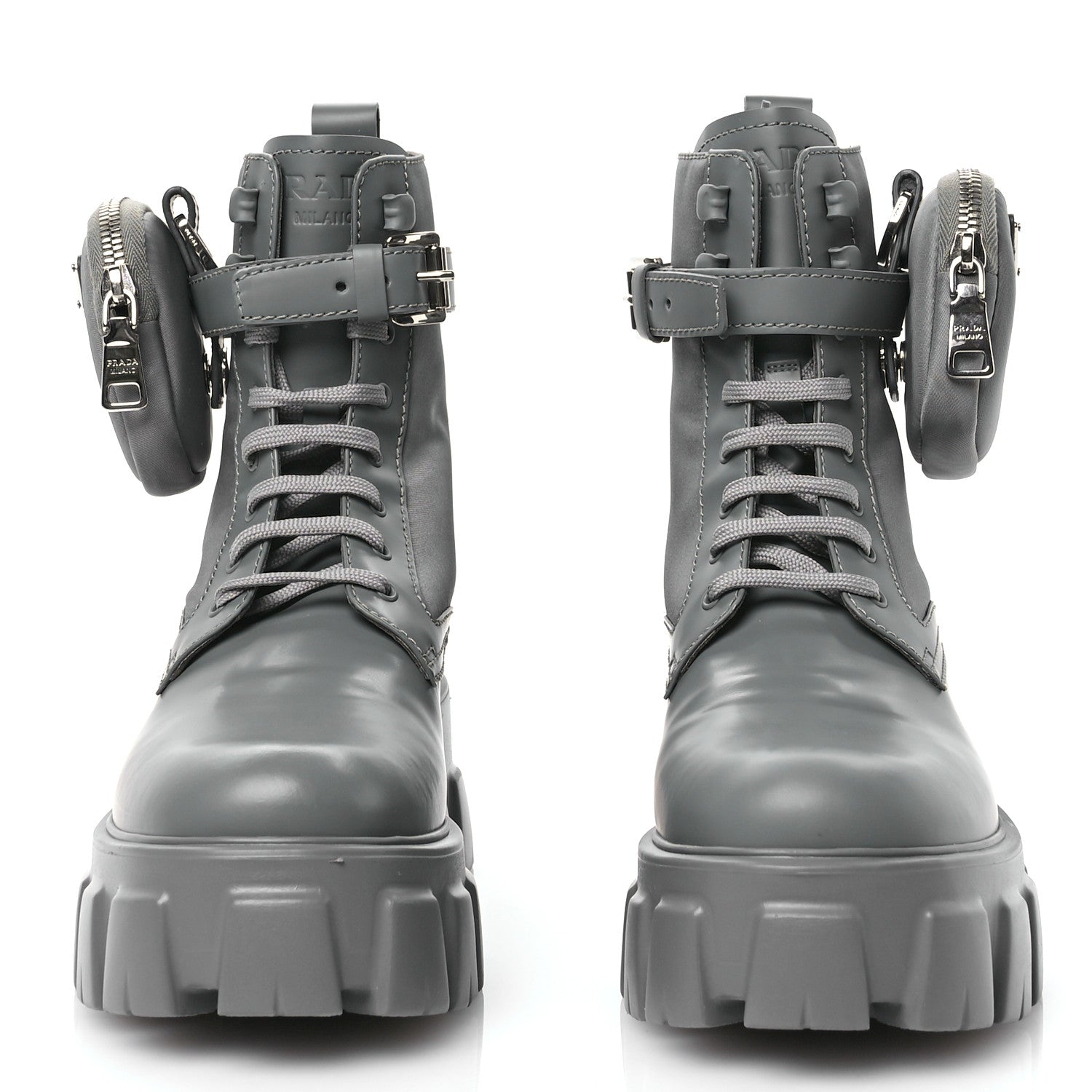 Prada Spazzolato Rois Re-Nylon Metal Triangle Logo Monolith Pouch Pocket 55mm Boots 38.5 Marble Grey 2 of 9