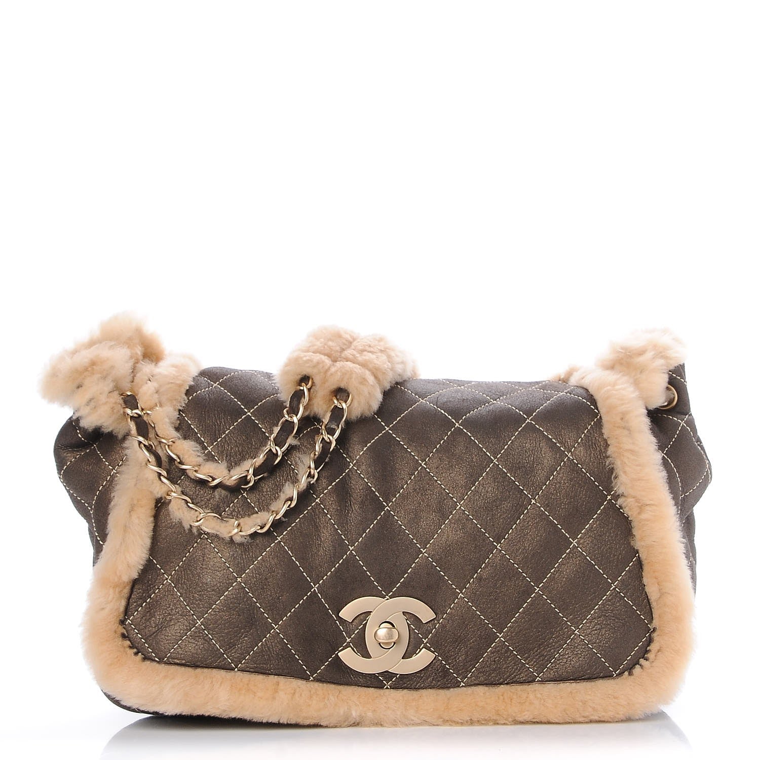 Chanel Shearling Suede Quilted Fur Flap Metallic Bronze 1 of 7