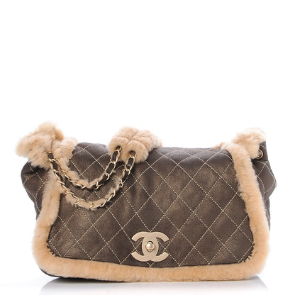 Chanel Shearling Suede Quilted Fur Flap Metallic Bronze 1 of 7