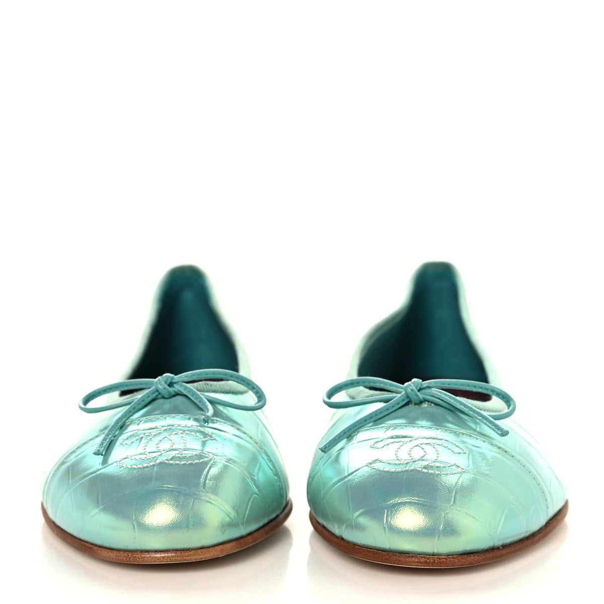 Iridescent Calfskin Crocodile Embossed Ballerina Flats 40 Green