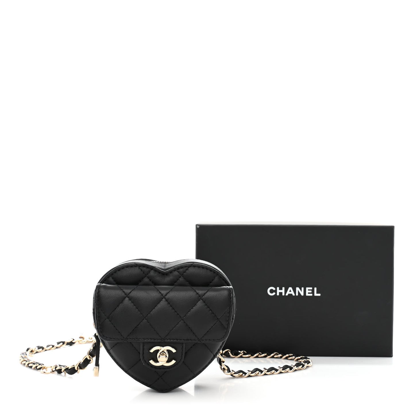 Lambskin Quilted CC In Love Heart Waist Belt Bag With Chain Black