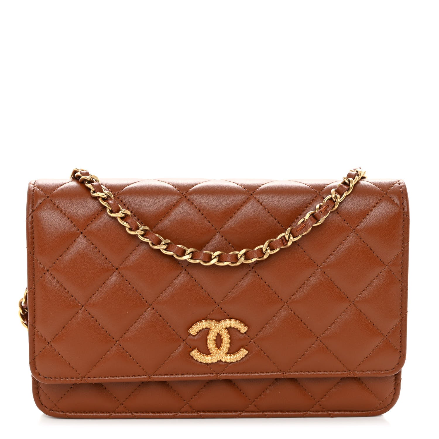 Chanel Lambskin Quilted Studded CC Wallet On Chain WOC Light Brown 1 of 12