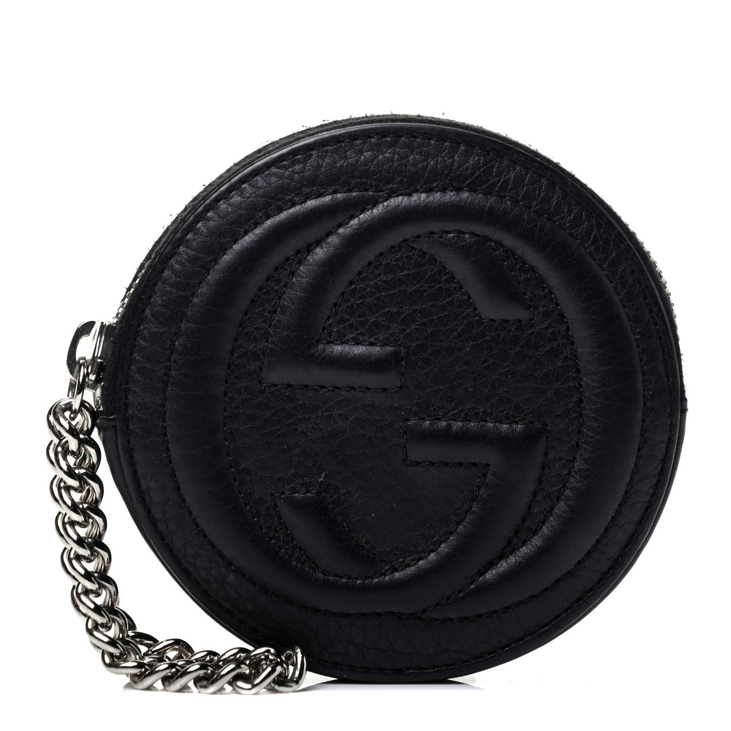 Pebbled Calfskin Round Coin Purse Black