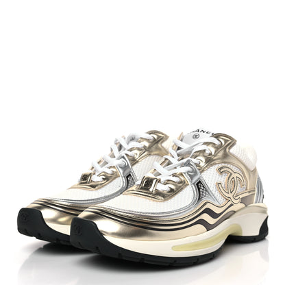 Chanel Fabric Laminated Calfskin Stretch CC Sneakers 38 White Gold Silver 3 of 9