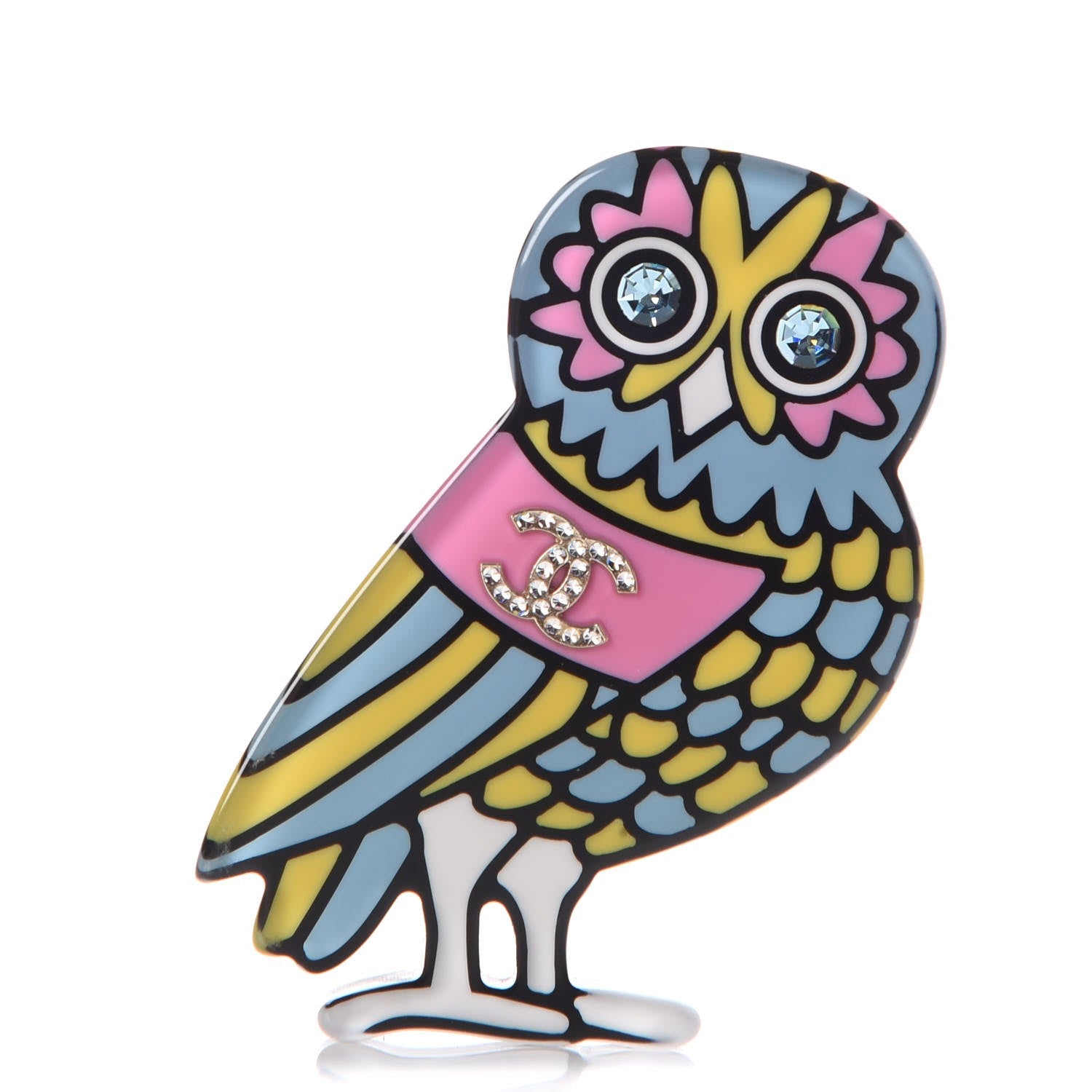 Chanel Resin Crystal Owl CC Brooch Blue Yellow Golden 1 of 5