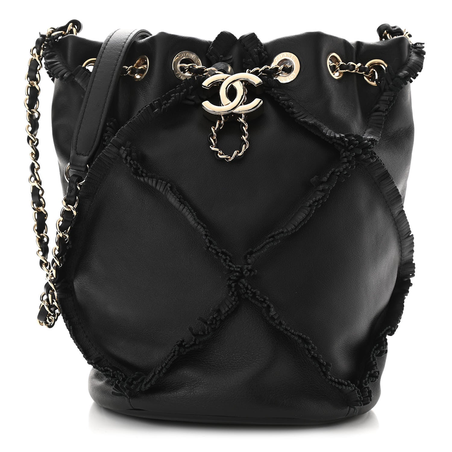 Chanel Lambskin Quilted Fringe CC Chain Bucket Drawstring Bag Black 1 of 10