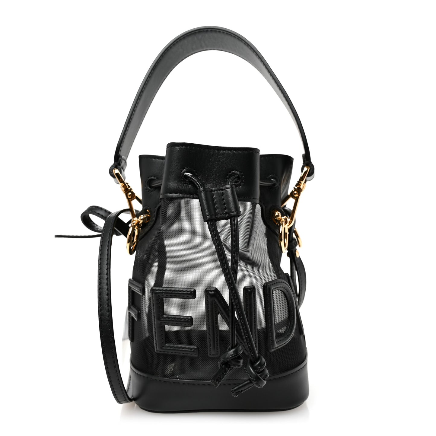 Mesh Vitello King F is Fendi Logo Embroidered Mini Mon Tresor Bucket Bag Black