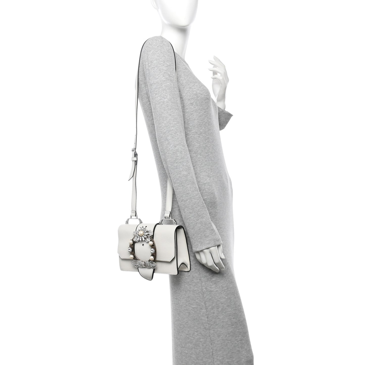 Goatskin Madras Soft Calf Crystal Embellished Shoulder Bag Bianco