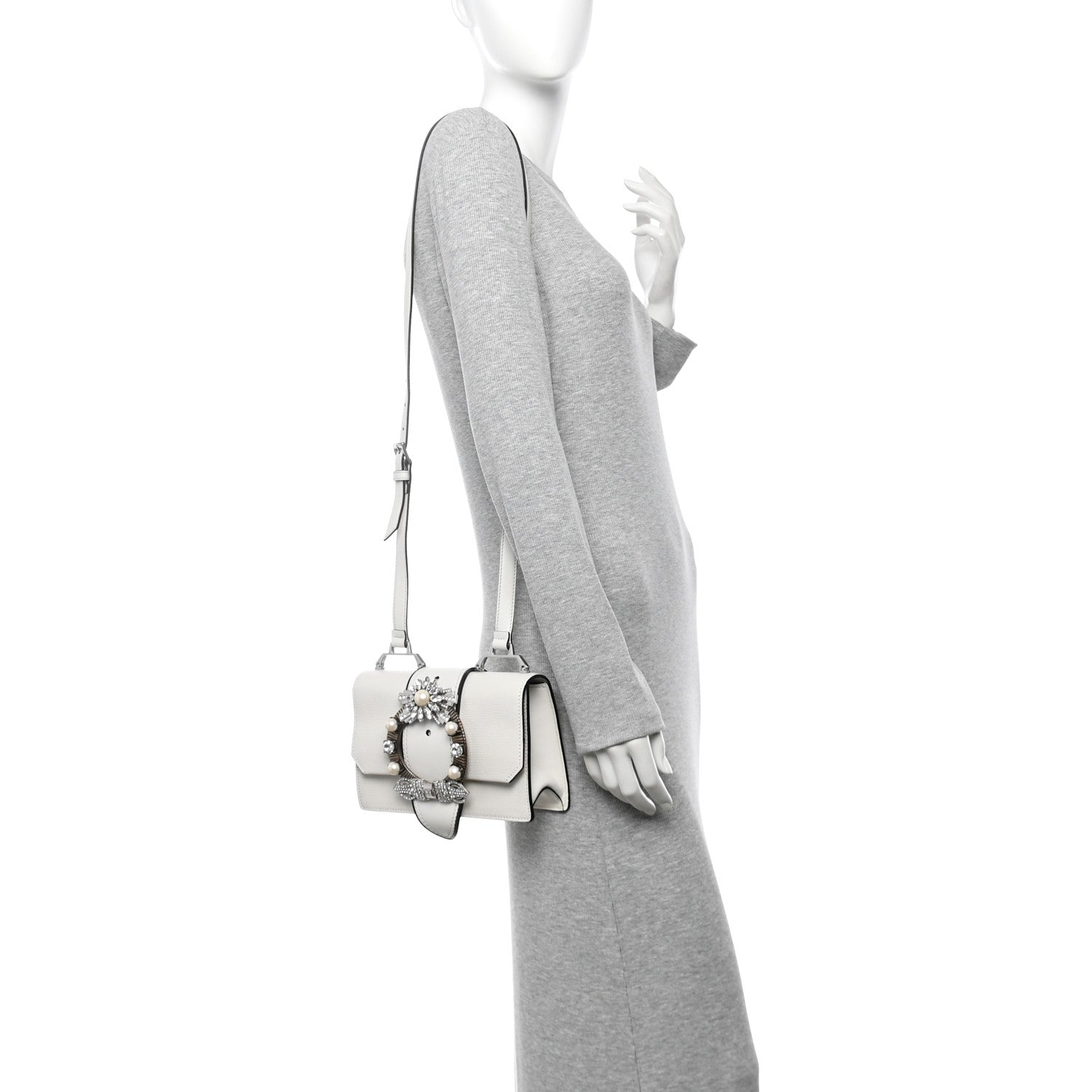 Miu Miu Goatskin Madras Soft Calf Crystal Embellished Shoulder Bag Bianco 2 of 11