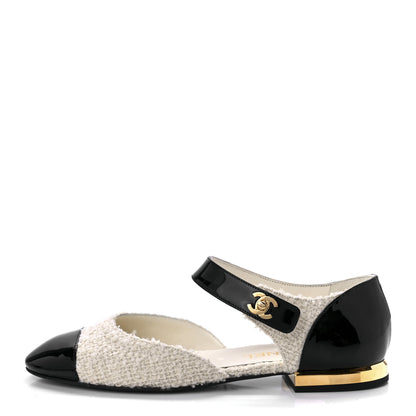 Chanel Tweed Patent Cap Toe Ballerina Flats 38 White Black 1 of 11