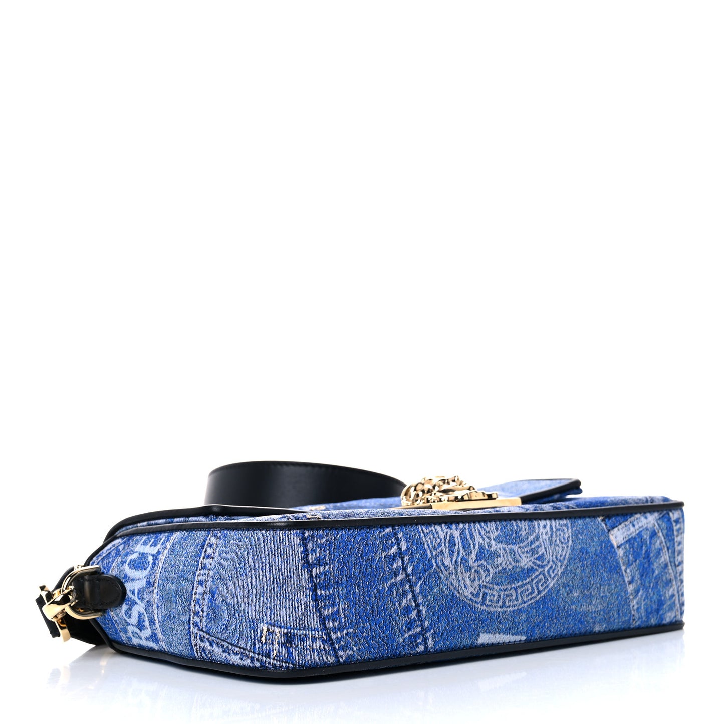 X FENDI Fabric Calfskin Medusa Denim Patchwork Print Baguette Blue Black Gold