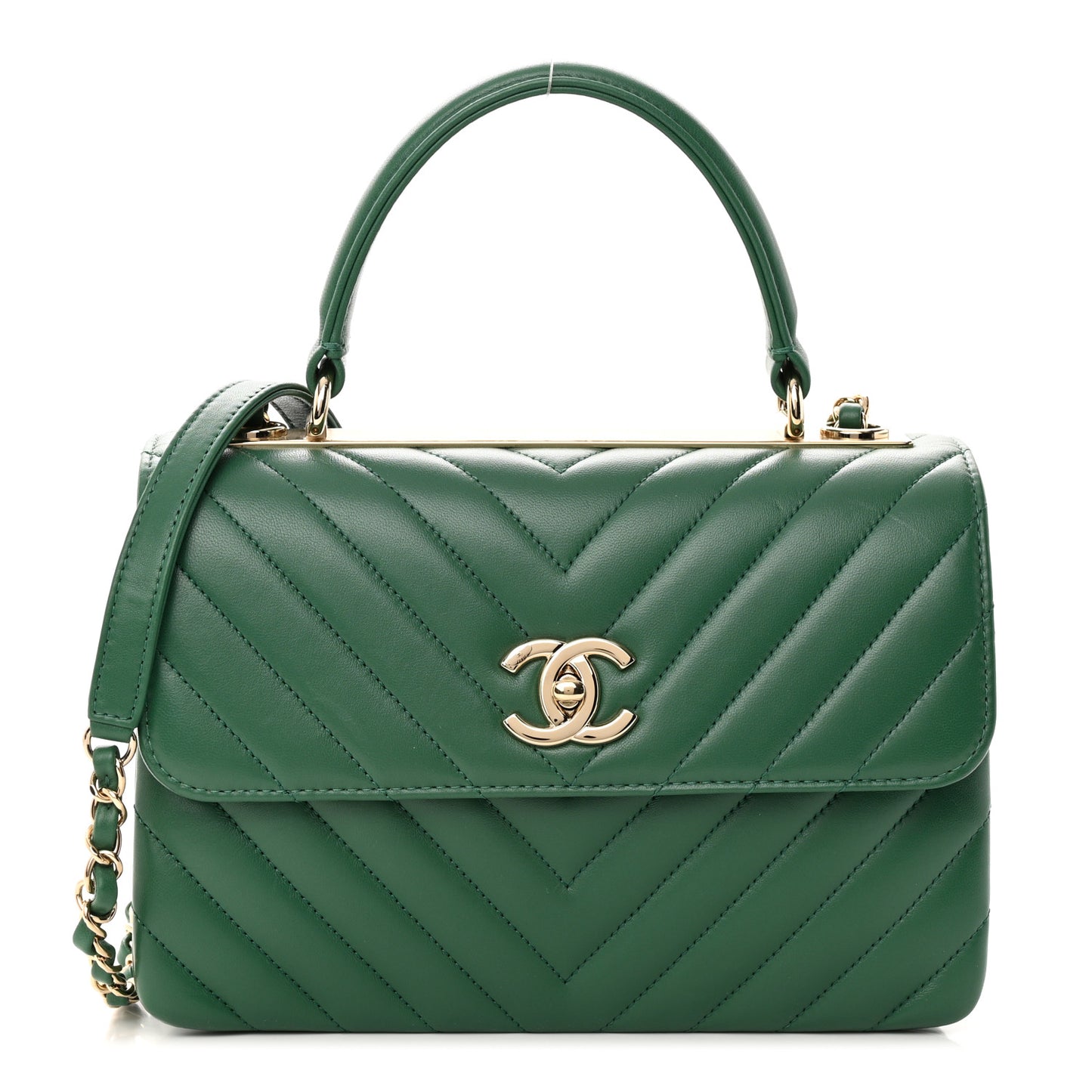 Lambskin Chevron Quilted Small Trendy CC Dual Handle Flap Bag Green