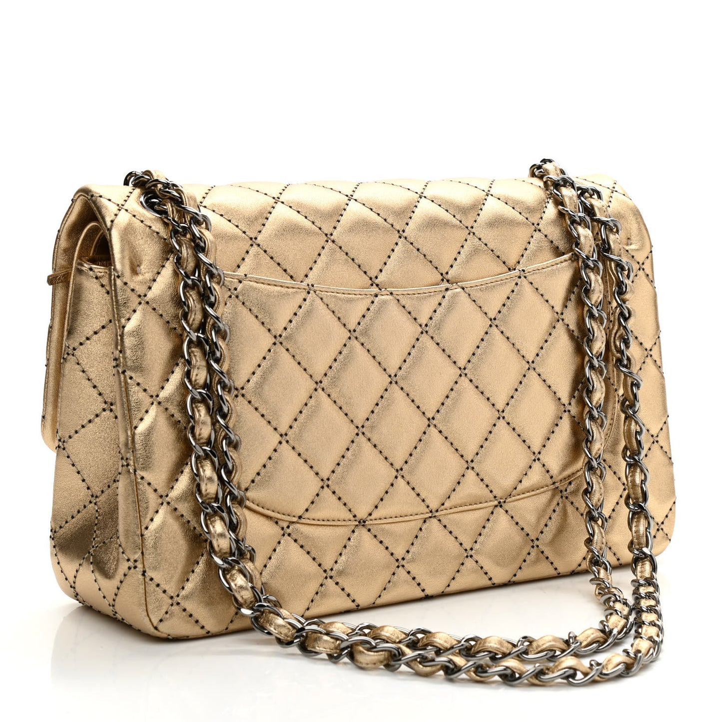 Metallic Washed Lambskin Quilted Jumbo Double Flap Dark Gold