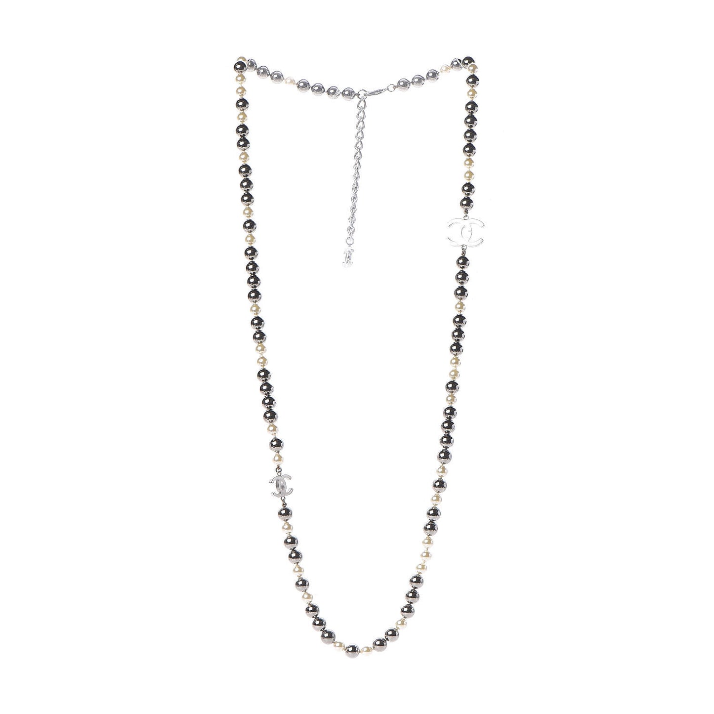 Pearl Beaded CC Long Necklace Silver