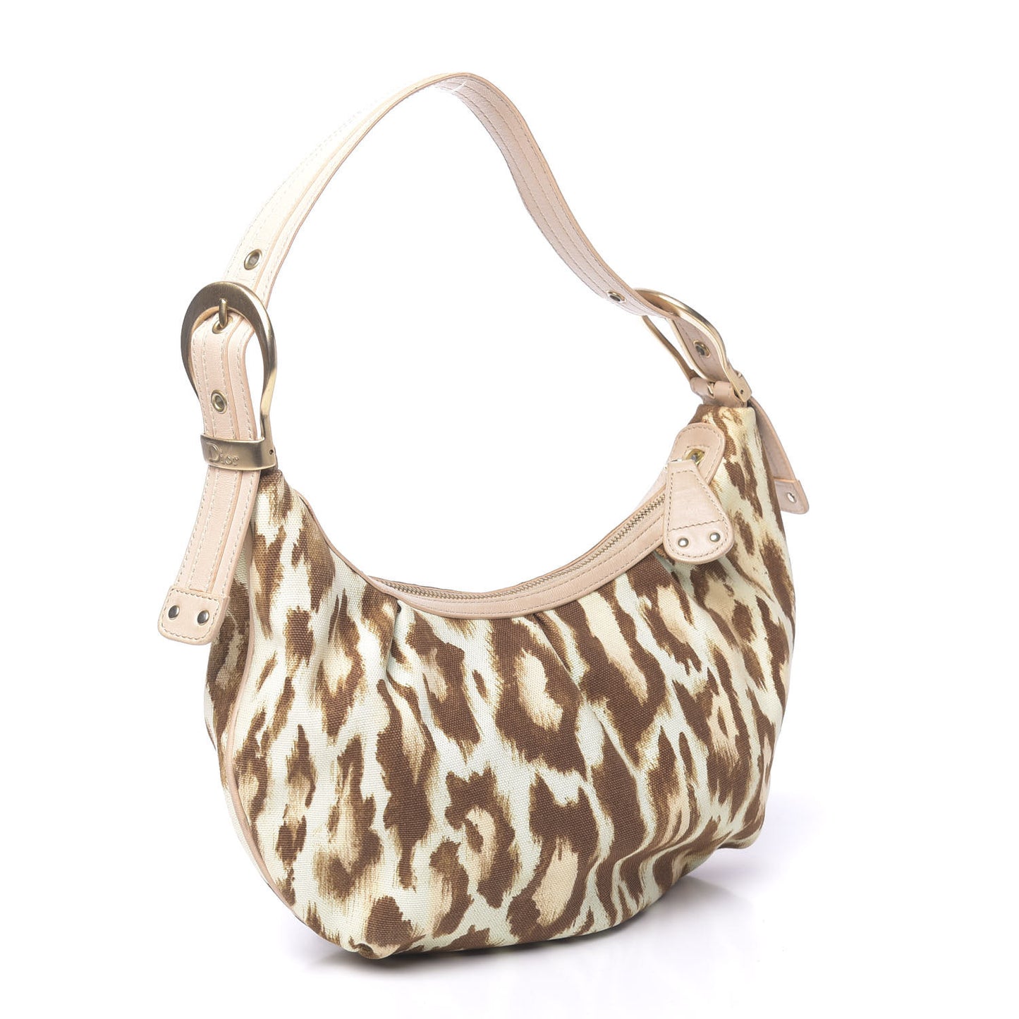 Canvas Leopard Print Buckle Hobo Beige