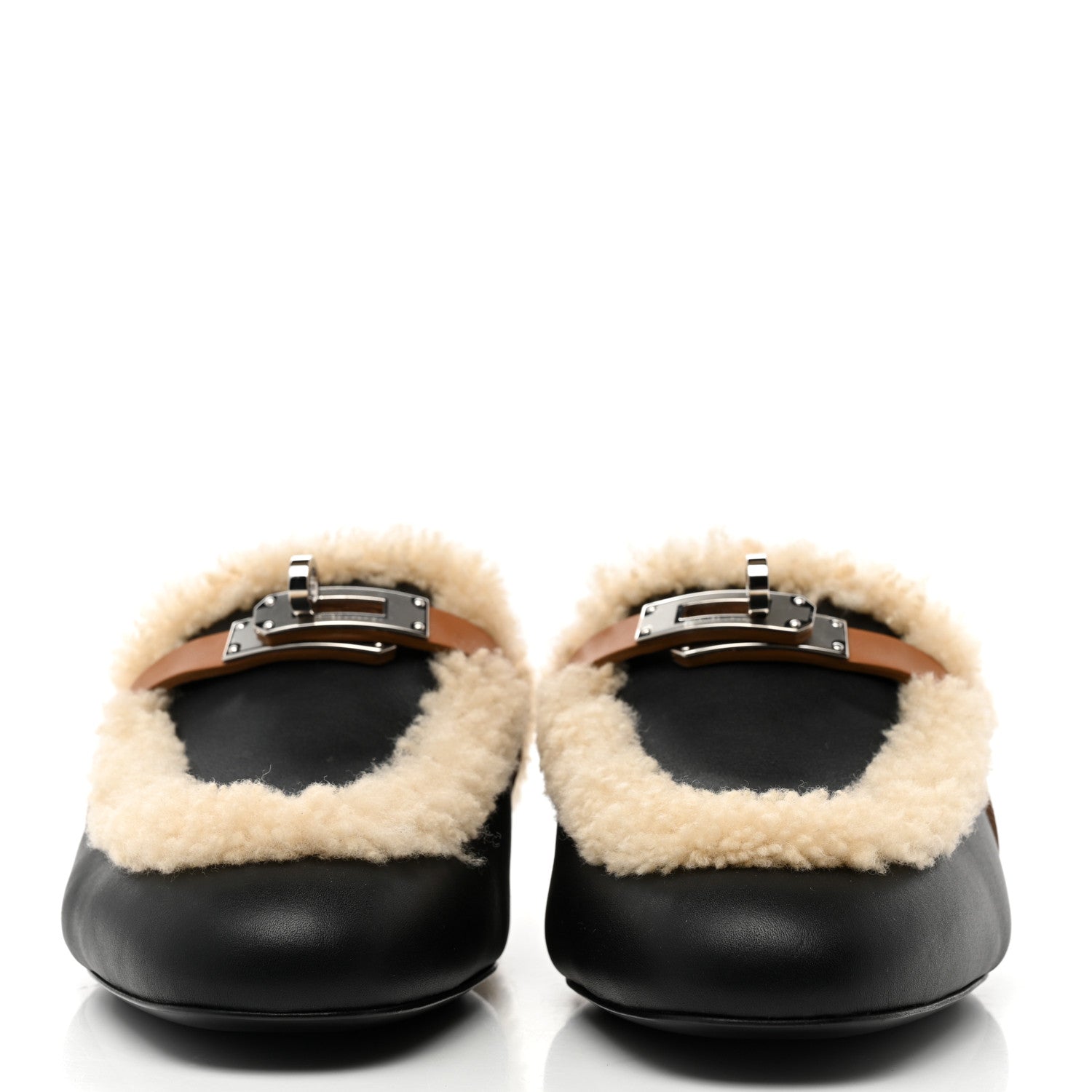 Hermes Shearling Calfskin Womens Oz Mules 36 Naturel Black 2 of 10