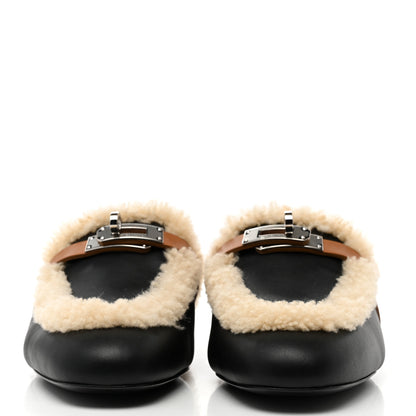 Hermes Shearling Calfskin Womens Oz Mules 36 Naturel Black 2 of 10